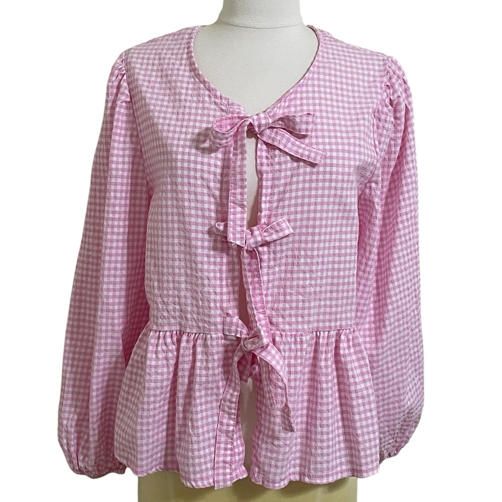 Adorable Pink & White Gingham Check Bow Tie Front Ruffle Hem Long Sleeve Top